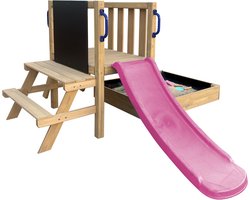 AXI Leah Mini Speeltoren met Zandbak en Picknicktafel – Paarse Glijbaan – Met Krijtbord – FSC hout – Klein speeltoestel voor de tuin / buiten