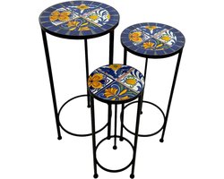 AXI Lola Mozaïek Plantentafel Rond Mediterrane stijl Blauw/geel - Set 3 stuks – Bijzettafels - Diverse Afmetingen - Mozaïeklook – Ingelegd met keramische tegels – Voor binnen, tuin, terras en balkon