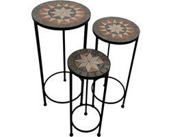 AXI Lola Mozaïek Plantentafel Rond Ster Grijs/bruin - Set 3 stuks – Bijzettafels - Diverse Afmetingen - Mozaïeklook – Ingelegd met keramische tegels – Voor binnen, tuin, terras en balkon