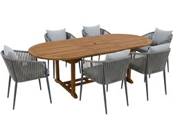 AXI Marzi/Faye 180-240 cm Dining Tuinset 7-delig Teak/Antraciet - Uitschuifbaar – Tuinset 6 Personen – Ovale Houten Tuintafel 180–240 cm – Aluminium Tuinstoelen met Kussens – Luxe Tuinmeubelen Set voor Terras en Tuin