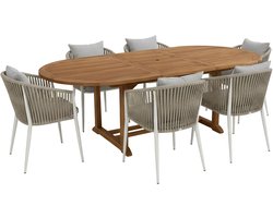 AXI Marzi/Faye 180-240 cm Dining Tuinset 7-delig Teak/Beige - Uitschuifbaar – Tuinset 6 Personen – Ovale Houten Tuintafel 180–240 cm – Aluminium Tuinstoelen met Kussens – Luxe Tuinmeubelen Set voor Terras en Tuin