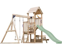 AXI Mette Speeltoestel met Dubbele Schommel Bruin – Pastel Groene Glijbaan – Zandbak en Picknicktafel – Telescoop - FSC hout - Speelhuis op palen voor de tuin