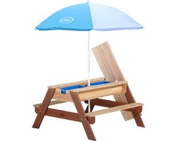 AXI Nick Zand & Water Picknicktafel in Bruin - Met in hoogte verstelbare Parasol in Blauw/Wit - Multifunctionele Picknick tafel van FSC hout - Picknick tafel voor kinderen van hout