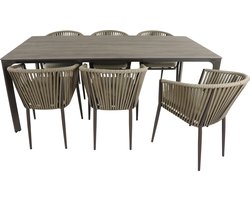 AXI Resi Tuinset met 6 stoelen Taupe met Hout-look PSPC – Gepoedercoat aluminium frame – Stoel met kaki kussen en Textileen geweven vlakke touwen - PSPC tafelblad