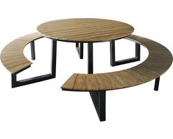 AXI Taco Picknicktafel met 2 banken Rond Antraciet met Teak-look Polywood – Gepoedercoat aluminium frame – Tafel en banken met Polywood tafelblad en zitvlak - 200x190cm