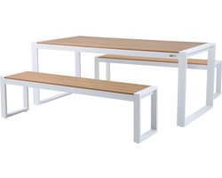 AXI Tony Tuinset met 2 banken Wit met Teak-look Polywood – Gepoedercoat aluminium frame – Picknicktafel met Polywood tafelblad en zitvlak - 190x90cm