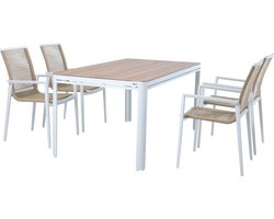 AXI Zora Tuinset met 4 stoelen Wit met Hout-look PSPC – Gepoedercoat aluminium frame – Stoel met dubbel geweven touwen - Polywood tafelblad