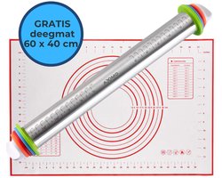 AXIMO Deegroller RVS verstelbaar met XL deegmat 60x40 cm - Fondantroller met siliconen XL bakmat - Antikleef - RVS Rolstok