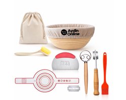 Aydin Online® Zuurdesem Starter Set- Volledige Set Broodbakken – Rond Rijsmandje & Deegmand – Deegschraper – Deegkwast – Deegkleed – Broodzak