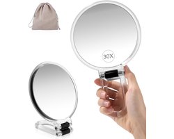 Azalia 30X vergrootglas, dubbelzijdige handspiegel voor make-up, dubbelzijdige handspiegel voor vergrootglas, 360° verstelbare beugel, met 1 fluwelen tas, opvouwbare make-upspiegel voor badkamerreizen