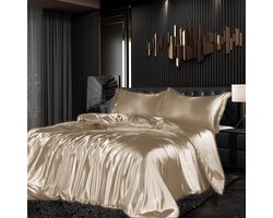 Azalia Beddengoed set satijn 155 x 220 cm 3-delig goud zijdeachtige touch glanzend zijde effen dekbedovertrek set glad luxe geel beddengoedset zacht tweepersoonsbed met ritssluiting en kussenslopen 80 x 80
