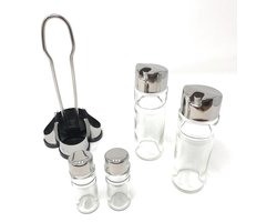 Azijn- en oliedispenserset - 2 glazen flessen van 175 ml en metalen houder met zout- en peperstrooiers - roestvrij staal en glas