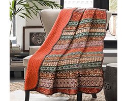 Azomor® Katoenen Bohemian Slaapdeken met Kleurrijk Strepenpatroon en Oranje Achtergrond