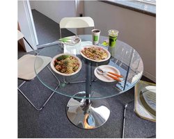 Azomor® Moderne ronde glazen eettafel met chroom voet voor keuken of woonkamer