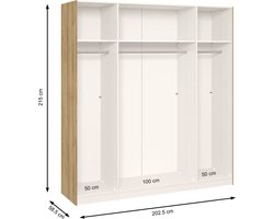 B Bright Draaideurkast Compact met laden en houten deuren - 203 x 215 x 58,5 cm - eiken/wit