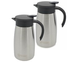 B-Home Koffie en warme dranken thermoskan/isoleerkan - 2x stuks - met schenktuit - rvs - zilver - 1 liter - 24 cm - Koffiekan