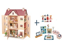 [B] Tender Leaf uniek houten poppenhuis Hall Fantail XXL 3 verdiepingen inclusief houten poppen familie en woonkamer meubels- 40 x 72 x 90 cm cm