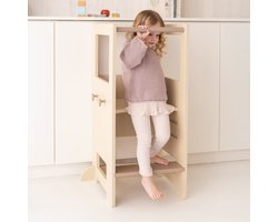 Babiem® Leertoren Fay - in Hoogte Verstelbaar - Incl. Handdoekhaakjes - Leertoren Keukenhulp - Keukenhulp - Veilig en Stabiel - Off white - Hout