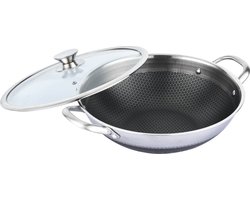 Babij Cooking Wokpan 40 cm – Met Glazen Deksel – Honingraatstructuur – Marmeren Coating – Inductie geschikt - grote pan