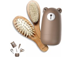 Baby 6-in-1 Verzorgingsset - Houten Haarborstel & Kam - Nagelschaar & Nagelvijl - Pincet Voor Pasgeborenen & Kinderen - Schattige Cadeauverpakking