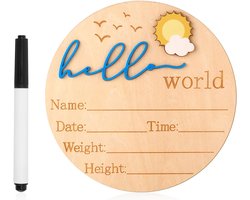 Baby Aankondigingsbord, 14,8 cm Houten Hello World Newborn Bord Schattige Geboortenaambordjes voor Meisje Jongen Babyshower Ziekenhuis Kinderkamer Foto Prop (Blauw)