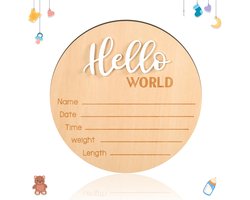 Baby aankondigingsbord, 15 cm houten Hello World Newborn welkomstbord, geboortebord, babynaambordjes voor foto-rekwisieten, babyshower, ziekenhuis, kinderkamer (bruin)