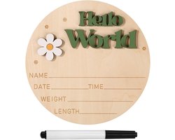 Baby Aankondigingsbord, 15cm Houten Hello World Newborn Bord Geboorte Aankondigingsbord Welkom Naambord Plaquette voor Kinderkamer Ziekenhuis Meisje Jongen Foto-Accessoire Babyshower (Groen)