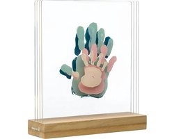 Baby Art Family Prints Voet/Handafdrukset voor het hele gezin, Fotolijst voor Baby's, Kinderen en Ouders, Cadeau-idee voor Geboorte, Transparant met Houten Sokkel, Afmetingen 20 x 21,6 x 6 cm
