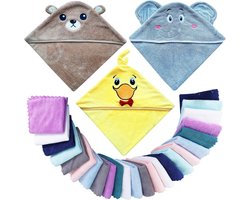 Baby Badhanddoeken Set - Baby Badset - Babymomenten - Superzacht Koraal Fluweel - 3 Handdoeken 24 Wasjes - Beer Olifant Eend