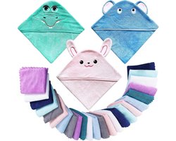Baby badset - Capuchonhanddoeken washandjes - Baby verzorgen - Zachte fluwelen stof - 3 handdoeken 24 washandjes - Krokodil Konijn
