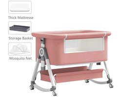 Baby Bed - 3 in 1 - Co Sleeper - Wieg - Opbergruimte - Kinderbed - Met Matras - Klamboe - Hoogte Verstelbaar - Met Wielen - Inklapbaar - Opvouwbaar - Roze