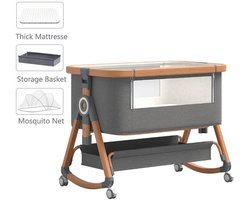 Baby Bed - Co Sleeper - Wieg - Opbergruimte - Kinderbed - Met Matras - Klamboe - Hoogte Verstelbaar - Met Wielen - Inklapbaar - Opvouwbaar - Hout - Bruin - Donkergrijs