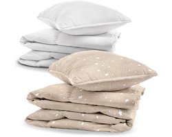 Baby Beddengoed Set met Dekbed en Kussen 90x120 cm + beddengoed – Compleet Dekbedovertrek & Kussensloop 40x60 Katoen met Rits – Jongen Meisje Peuter Kinderkamer Oeko-Tex Beige met witte sterren