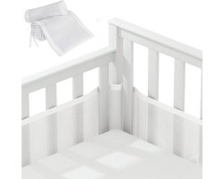 Baby Bedomrander Set - Set Van 2 - Bedbumper - Bed Zijbeschermers - Anti Stootrand - Ademende Mesh - Babyveiligheid - Hoofdbeschermer - Omrander Voor In Ledikant - 320x27cm & 150x27cm - Wit