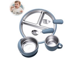 Baby bord - Kinderbord - TENZHVXI® - Veilig 304 RVS en bpa vrij siliconen - Vaatwasserbestendig anti mors ontwerp - 5 delige set met lepel en vork - Voor peuters bij speelstoel