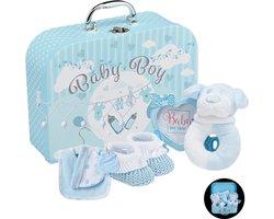 Baby cadeau Baby jongen met babyset Pasgeboren set jongen inclusief rammelaar, fotolijst, mousseline doek, slabbetje, sokken, handschoenen en muts