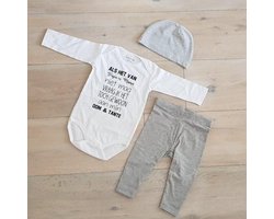 Baby cadeau geboorte unisex jongen of Meisje Setje 3-delig newborn | maat 62-68 | grijs mutsje en broekje en romper lange mouw wit met zwarte tekst Als het van papa en mama niet mag vraag ik het toch gewoon aan mijn oom en tante