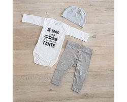 Baby cadeau geboorte unisex jongen of Meisje Setje 3-delig newborn | maat 62-68 | grijs mutsje en broekje en romper lange mouw wit met zwarte tekst ik mag ook nooit iets ik ga naar mijn tante  Kraamcadeau  aankondiging bekendmaking zwangerschap