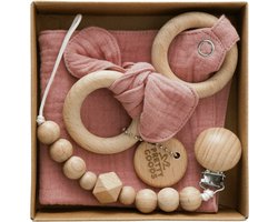 Baby Cadeau – Kraamcadeau Unisex – 3-delige Geschenkset met Bijtring, Speenkoord & Knuffeldoekje – Babyshower / Gender Reveal - Roze