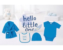 Baby Cadeauset Jongen – Luxe Kraamcadeau & Babyshower Geschenk – Hello Little One Badjas & Slab Blauw (0–1 jaar)