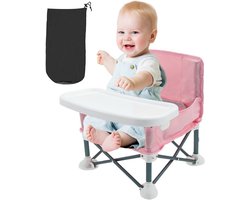 Baby Camping Chair, High Travel Chair for Babies with Child Safety Belt and Back Storage Compartment, Foldable, with Removable Inner and Outdoor Lining (Pink)