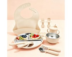 Baby Eetset 11-Delig Voedselveilig Siliconen En 304 Rvs - Slab, Borden, Kom En Bestek - Vanaf 6 Maanden - Met Zuignap - BPA Vrij - Voor Baby & Peuters - Beige wit