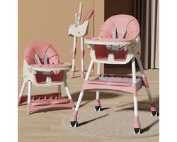 BABY EETSTOEL – ROZE - DRAAGBARE KINDERSTOEL VOOR VOEDEN EN ETEN – OPVOUWBARE BABYSTOEL 0–12 MAANDEN – VEILIG EN GEMAKKELIJK SCHOON TE MAKEN