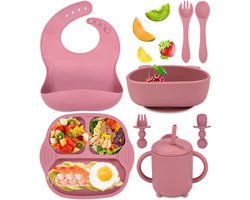 Baby Eetwaren Set 8-delig - Zuignap Borden & Kom - Siliconen Leer-eten Set met Slabbertje en Drinkbeker - Geschikt voor Magnetron & Vaatwasser - BPA-vrij Roze Babybestek - Kraamcadeau voor Meisjes