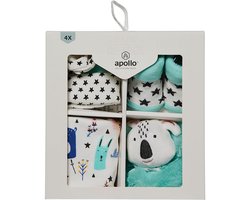 Baby geschenkset bosdieren - kraamcadeau 4 delig - pasgeboren unisex (meisje of jongen) kado - newborn sokjes / slabbetje / mutsje / knuffeldoekje bosdieren forest