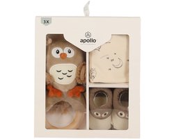 Baby geschenkset uil- kraamcadeau 3 delig - pasgeboren unisex (meisje of jongen) kado - newborn sokjes / slabbetje / ramelaar uil