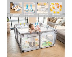 Baby Grondbox – Babybox – Speelbox – Kinderbox – Playpen – Kruipbox – Ballenbak - 128 x 128 x 65 cm – Dubbelzijdige Speelmat Foam – 65 Speelballen – 2 optrekhandvatten – Rits Opening