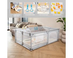 Baby Grondbox – Speelbox – Kinderbox – Playpen – Kruipbox – Babybox – Ballenbak – 120 x 180 cm – Met Foam Speelmat – Met Speelballen – Met Basket Net – Met 2 Optrekhandvatten – Met Rits Opening – Lichtgrijs