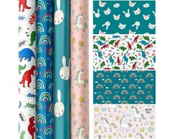 Baby & Kinder Cadeaupapier – Set van 4 Rollen – 70 x 150 cm – Stevig 80 gsm – Vrolijke Designs – Dieren, Dino, Regenboog & Unicorn