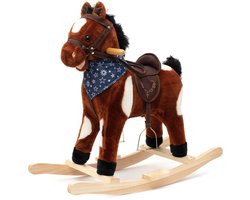 Baby Mix - Schommelpaard - Bruin-Wit Pluche - Met Zadel en Teugels - Houten Constructie - Schommelstoel - Wippaard - Peuterspeelgoed - Geluidsfunctie - Klassiek Speelgoed